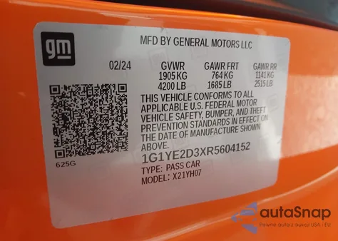 2024 Chevrolet Corvette Z06 Rwd 2Lz из США, поврежденный, VIN 1G1YE2D3XR5604152